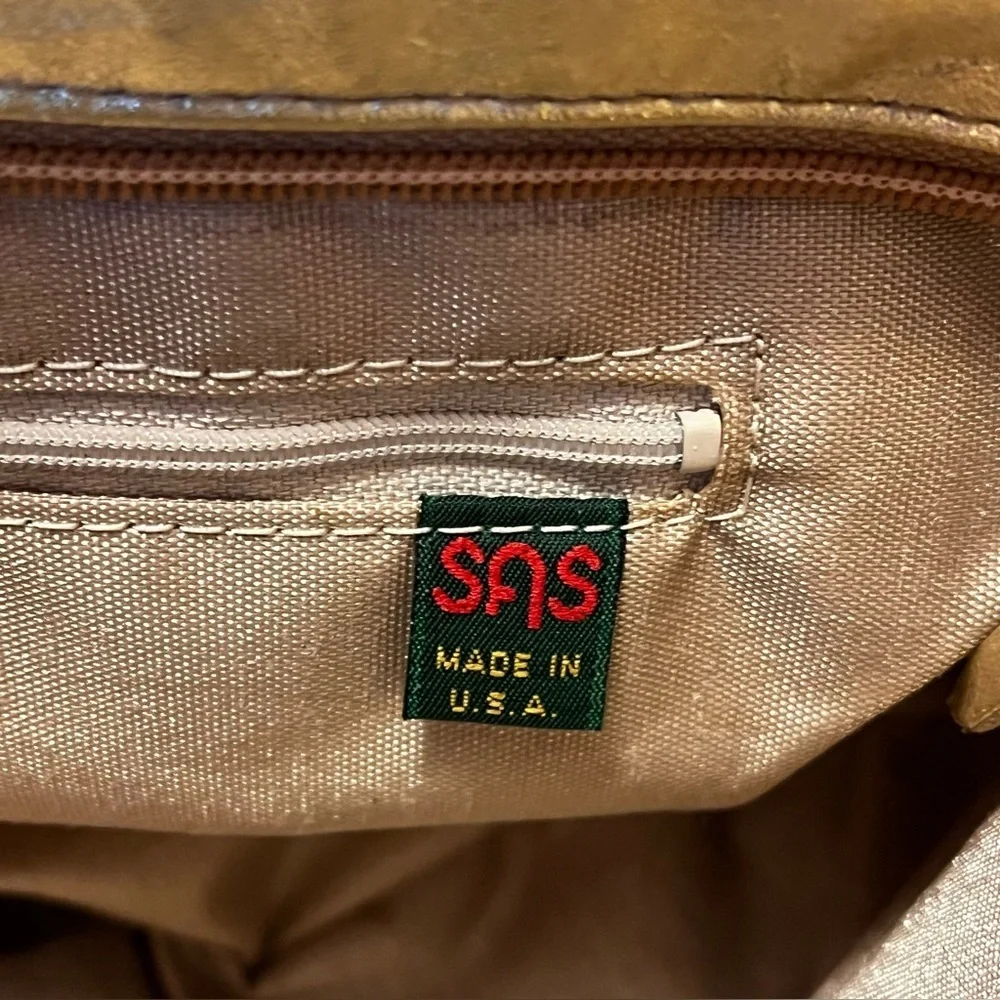 SAS Purse Patchwork Tapestry Gold Faux Leather Pockets Long Strap Vintage 90s